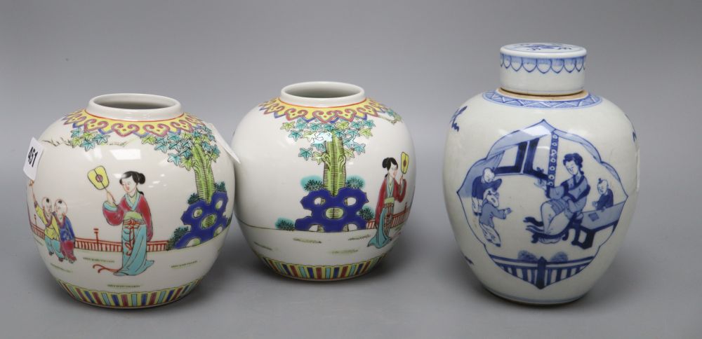 A Chinese blue and white ginger jar and a pair of jars, height 17cm